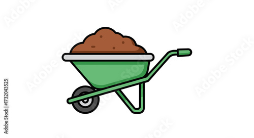 Wheelbarrow brimming soil, illustrating garden tool or construction equipment