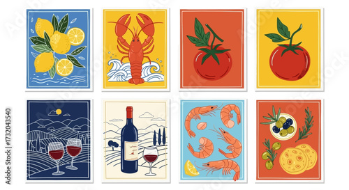 Abstract Mediterranean Food Poster Set – Hand Drawn Lemons, Tomato, Shrimp, Lobster, and Wine Illustrations. Italian Summer Amalfi Coast Dolce Vita Style Wall Art for Kitchen, Cards, Prints, and Brand