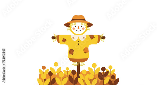 Whimsical scarecrow illustration in autumn garden with colorful foliage