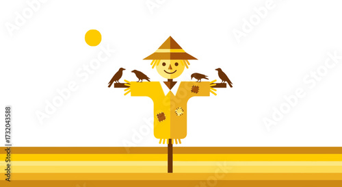 Whimsical Scarecrow with Crow Friends in Golden Autumn Landscape