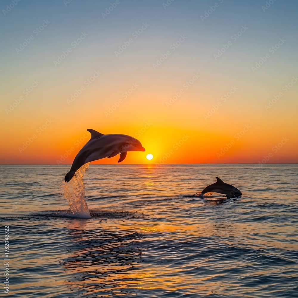 Fototapeta premium Dolphins Jumping at Sunset.