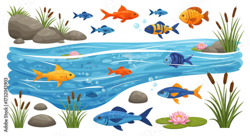 Colorful Cartoon Fish Swimming in a River with Water Plants and Rocks.