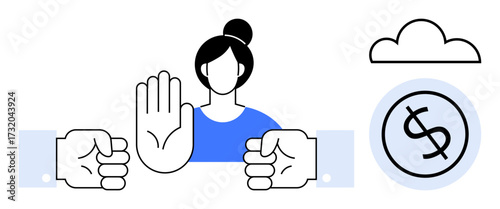 Woman raising hand to halt conflict between two fists, cloud and dollar sign nearby. Ideal for teamwork, negotiation, conflict avoidance, leadership, balance, financial decisions, simple flat