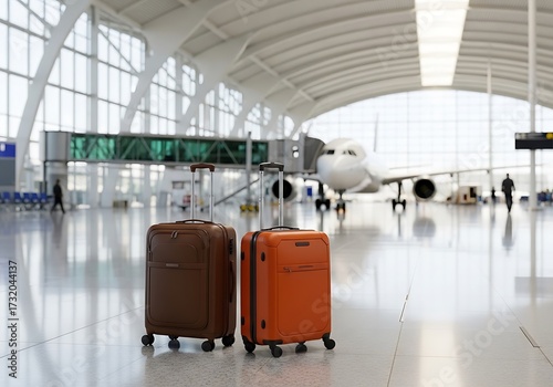 Brown and orange luggage at airport terminal suitcase