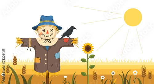 Festive autumn scenery showcasing a scarecrow with sunflower and raven