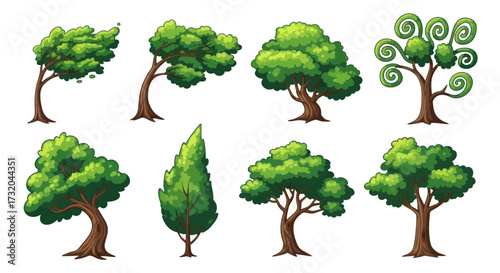Collection of Stylized Green Trees with Various Shapes and Forms.