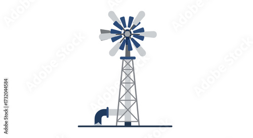 Illustration of a vintage windmill for water pumping on a white background