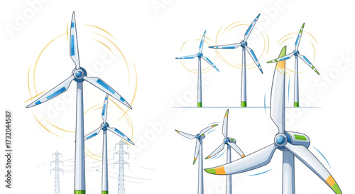 Collection of Stylized Wind Turbines Generating Clean Energy.