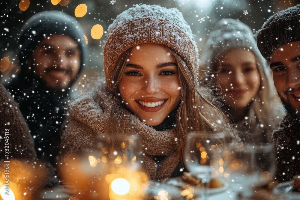 Fototapeta premium Group of friends happily playing in snow.