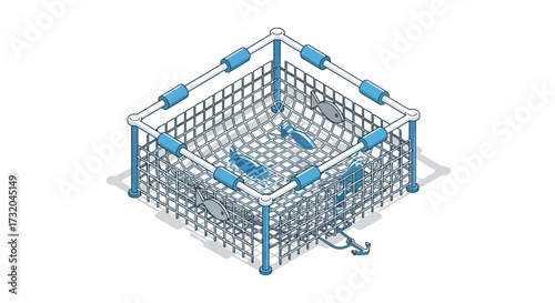 Isometric aquaculture system with fish farm cage, illustration depicting sustainable seafood farming