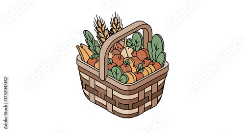 Isometric basket filled with organic fruits vegetables and wheat illustration