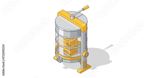 Isometric honey press machine illustration for apiculture process, design element