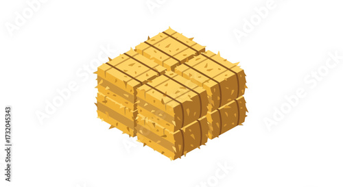 Isometric hay bales stacked in a rural farmyard illustration scene
