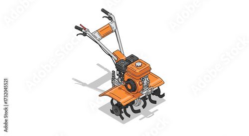 Isometric illustration of a garden tiller for soil cultivation tasks