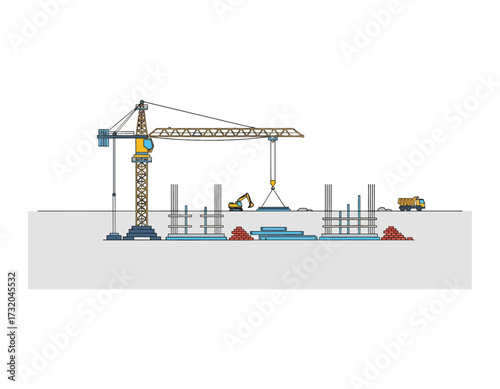 Vector illustration of a construction site, showing a large crane, excavator, and foundational building structures. Represents urban development, new architecture, and progress