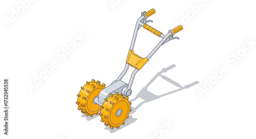 Isometric illustration of a mechanized garden weeder with toothed wheels