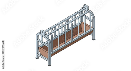 Isometric illustration of a metal livestock feeder for rural farm animals