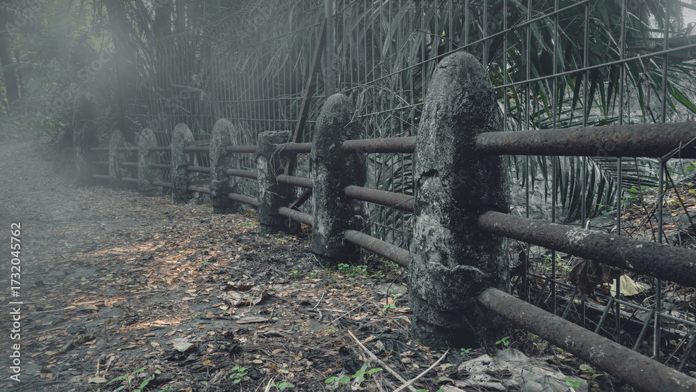 Obraz premium View of the old stone bridge path disappearing into the dense fog of a forest. The scene is scary and mysterious. Dramatic smoke or fog effect. Mockup. Copy Space. Wallpaper or Halloween background