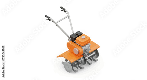 Isometric illustration of an orange tiller for soil cultivation work