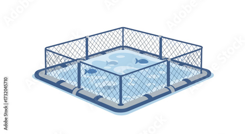 Isometric Illustration of Fish Farming Cage with Aquatic Animals Inside