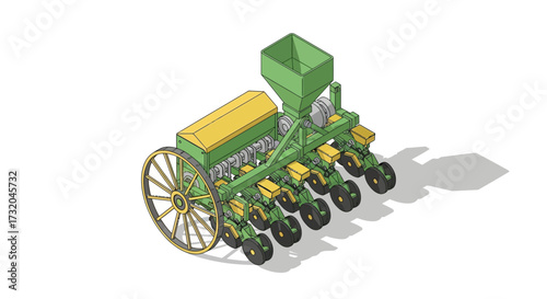Isometric illustration of precision seeder for efficient planting operations