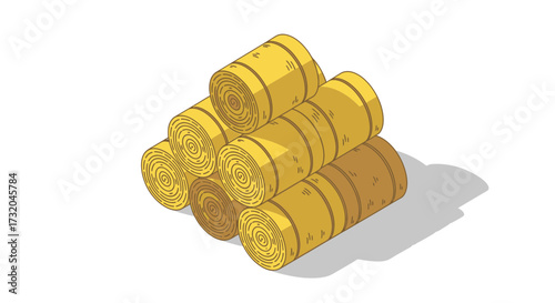 Isometric illustration showcasing neatly stacked bales of hay harvest season