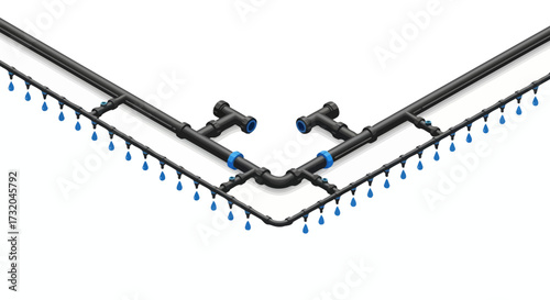 Isometric irrigation system with water droplets for agricultural use illustration