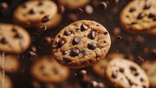 Close-up shot of levitating chocolate chip cookies, with crumbs against a blurred background