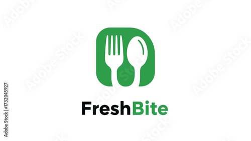A clean, modern logo featuring a green rounded square containing a stylized white fork and spoon, with the text "FreshBite" below.