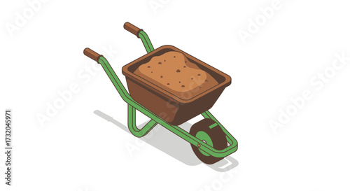 Isometric vector illustration of a wheelbarrow filled with soil material
