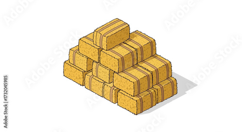 Isometric stacked hay bales agricultural countryside cartoon illustration