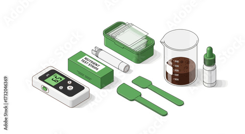 Nutrient and Soil Testing Tools Arrangement on White Background Isolated