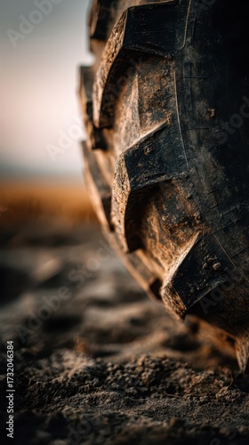 Detailed view of a rugged tractor tire with dirt and mud, resting on dry soil in a rural agricultural setting.