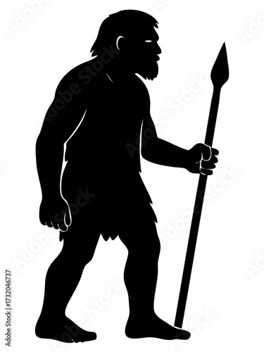 Silhouette of a prehistoric caveman holding a spear. Perfect for archaeology, anthropology, education, and historical projects.