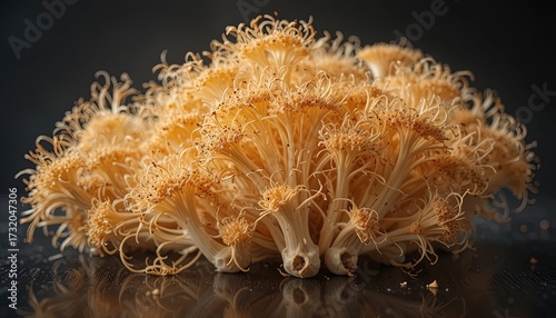 The intricate detail of a clustered, beige-colored specimen presents a captivating arrangement, exhibiting a delicate, complex structure and texture against a softly blurred, dark background, with...