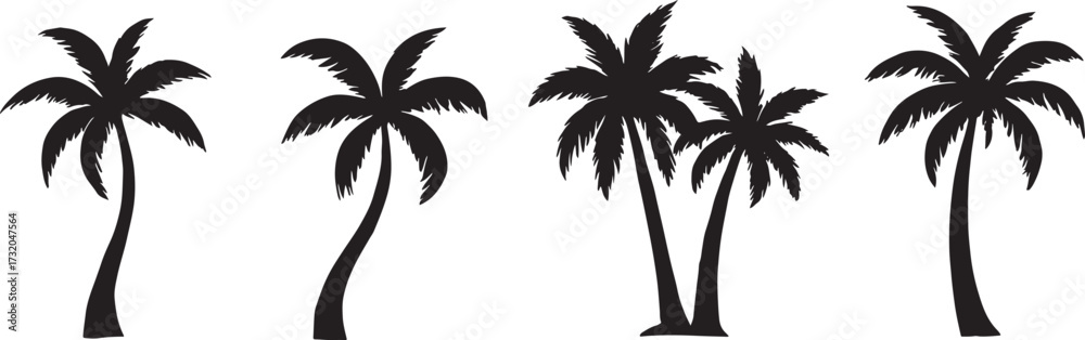 Obraz premium Elegant Black Palm Tree Silhouette Collection – Diverse Tropical Vector Shapes on a Clean White Background
