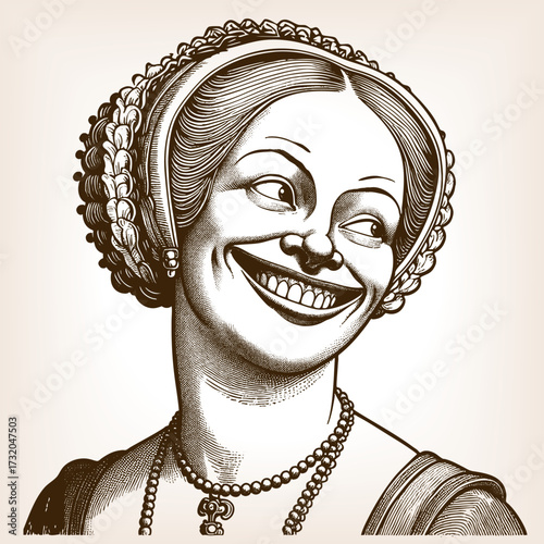 noblewoman with braided hair, necklace, and historical dress, showing a wide exaggerated smile sketch engraving generative ai fictional character vector illustration. Scratch board. Black and white.