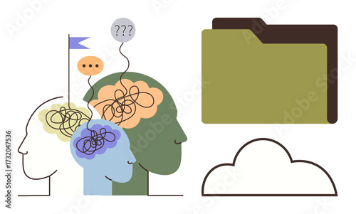 Abstract human heads filled with thoughts connect to question marks, speech bubbles, and a folder above a cloud. Ideal for problem-solving, brainstorming, organization, teamwork, innovation, mental