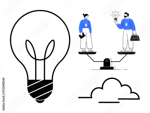 Large light bulb beside two professionals balancing on a scale, exchanging ideas. Ideal for innovation, teamwork, collaboration, balance, decision-making, creativity business vision. Simple flat