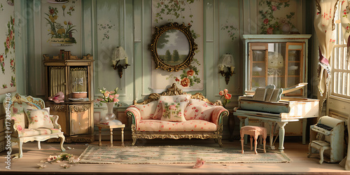 Charming vintage living room with ornate furniture and soft sunlight
