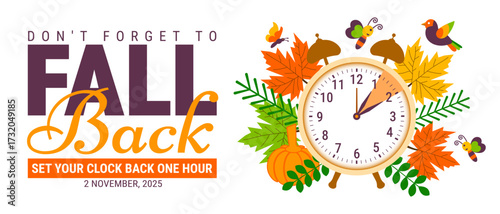 Fall Back. daylight saving time ends 2025 background or banner design template. Daylight Saving Time is Over. The clock turns back one hour on November 2, 2025. Fall back concept banner. Vector