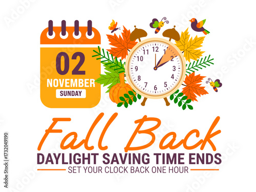 Fall Back. daylight saving time ends 2025 background or banner design template. Daylight Saving Time is Over. The clock turns back one hour on November 2, 2025. Fall back concept banner. Vector