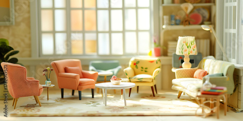 Cozy miniature living room with vintage furniture bathed in soft sunlight.