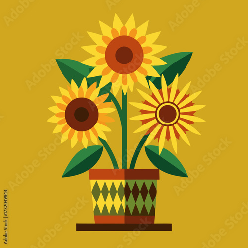 Pot of Sunflowers on Yellow Background Keywords: sunflowers, flowers, bouquet, floral, yellow