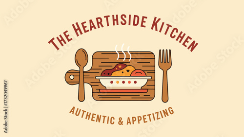 A rustic wooden cutting board displays a steaming bowl of colorful food, accompanied by a spoon and fork, representing "The Hearthside Kitchen: Authentic & Appetizing.".
