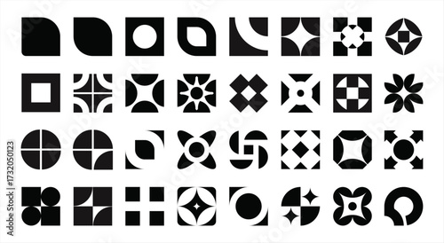 Brutalist and Bauhaus abstract vector art set: minimalist geometric shapes, simple stars, and flower graphic elements.