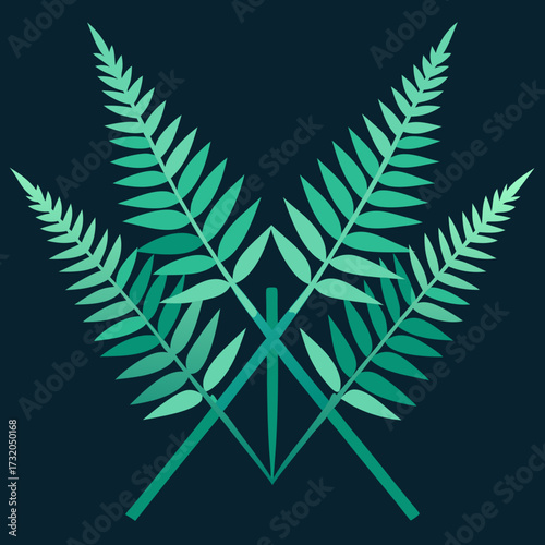 Symmetrical arrangement of teal fern fronds on dark background