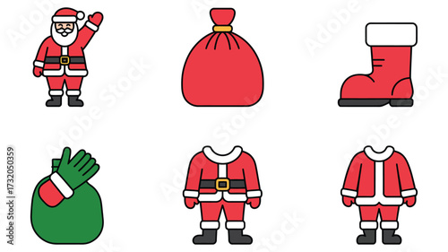 Vector art of santa claus elements featuring santa, bag, boot, and costume for christmas holiday celebration and decoration