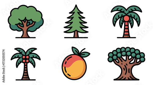 Vector art of collection of diverse tree icons, showcasing various species from leafy deciduous to coniferous evergreens