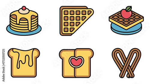 Vector art of collection of breakfast food icons, featuring pancakes, waffles, toast, and churros for a delicious morning meal